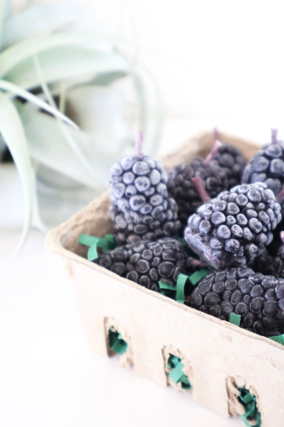 Close up of the realistic blackberry shaped beeswax candles nestled in a tan berry box.