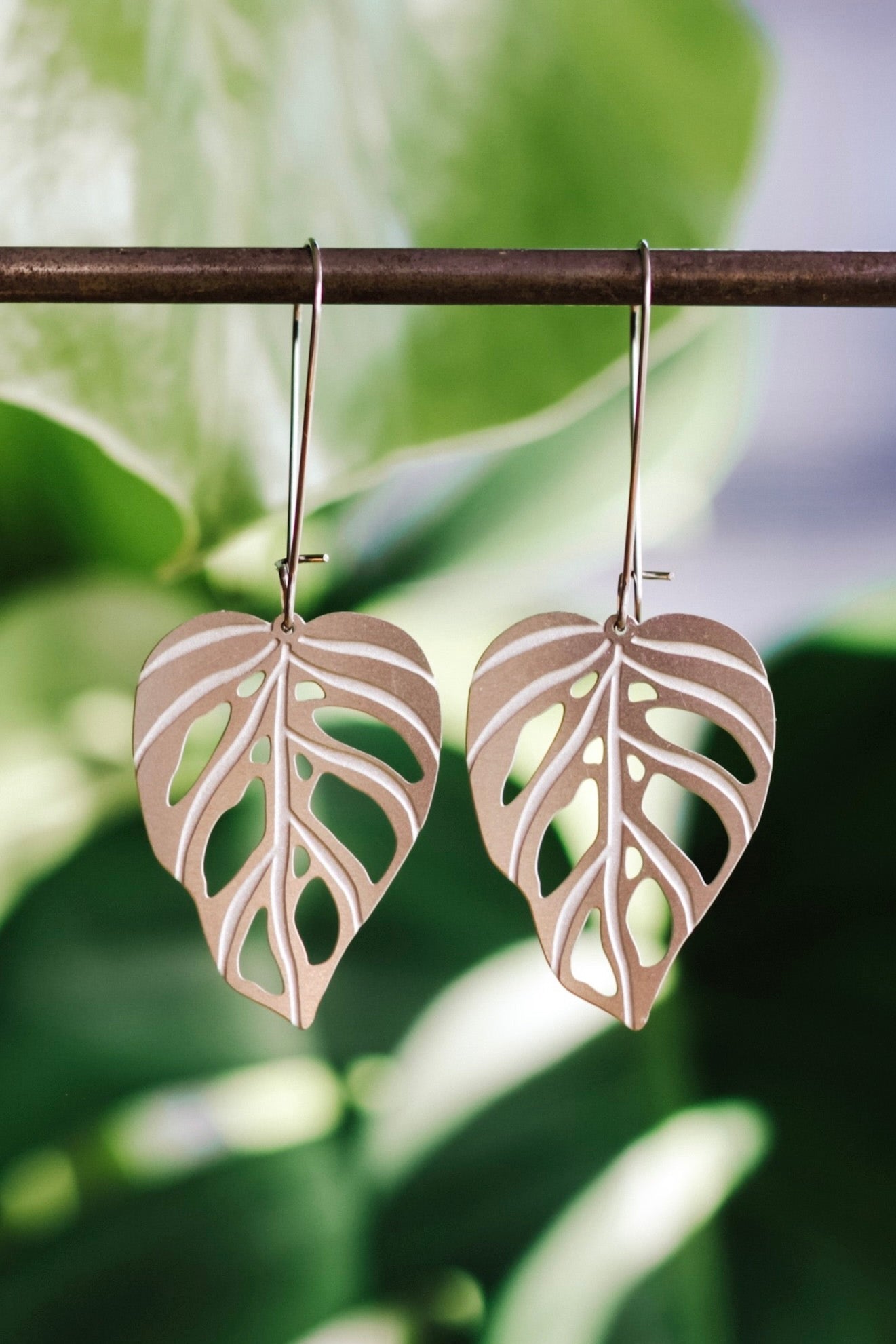A pair of Monstera Adansonii leaf-shaped earrings made of stainless steel, displayed against a green leafy background.