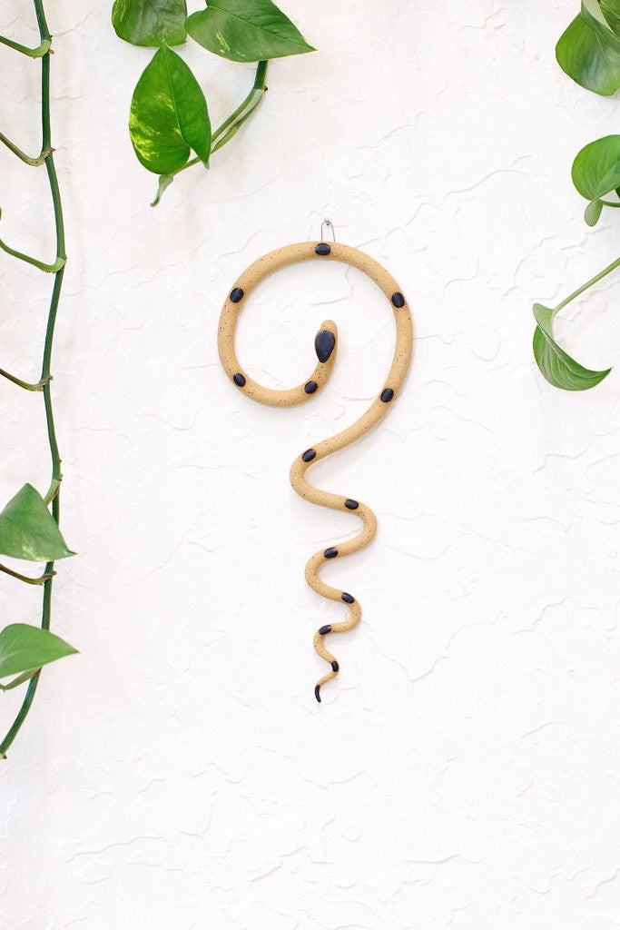 Simple contemporary ceramic snake wall decoration, with the top of the snake shaped loosely like a question mark and the tail hangs down in an organic s curve. This snake is Sammy, speckled tan clay with black glazed head and dots.