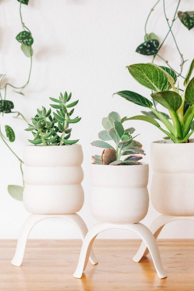 The different sizes of high-rise wiggle white plant pots with plants inside, displayed on a table.