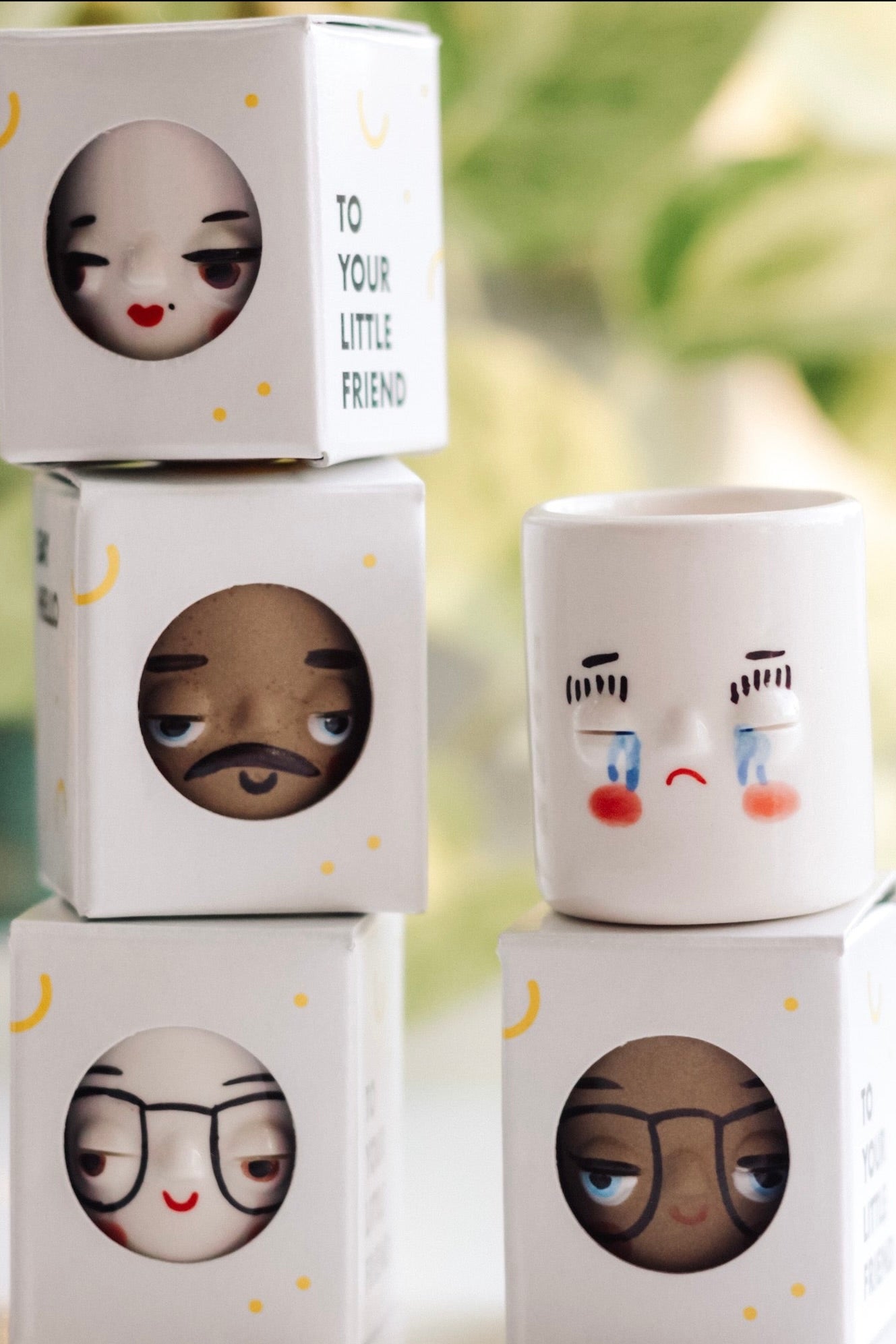 Little face planters in white branded boxes stacked on top of one another. The boxes have little holes so you can see the face through the window. 