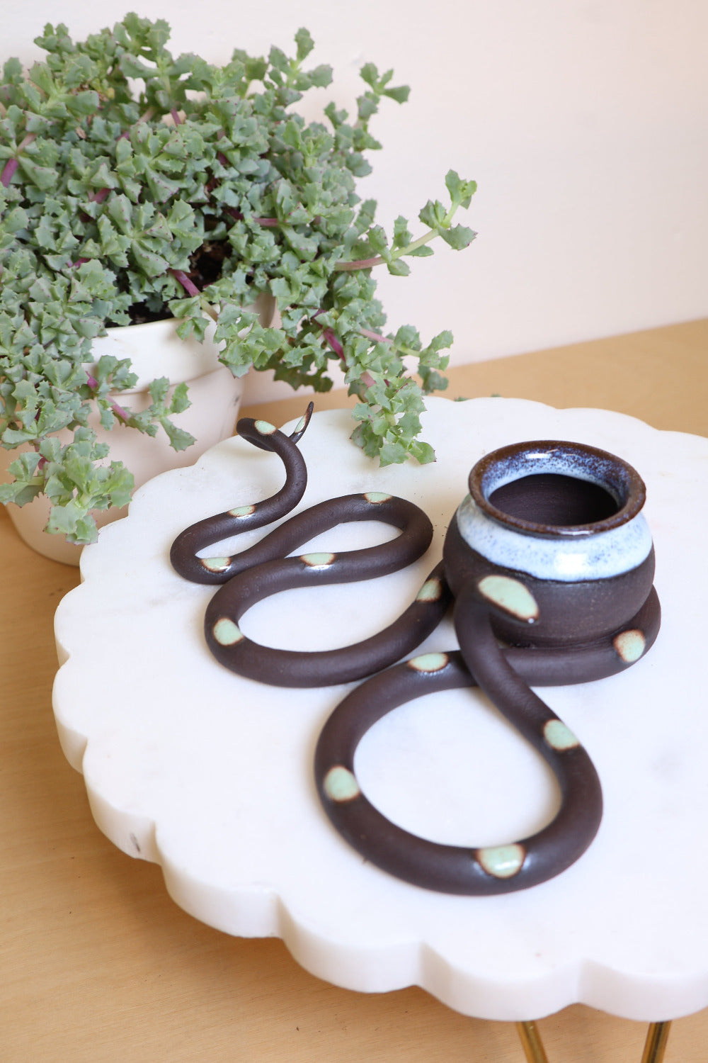 A black ceramic snake-shaped sculpture with with green dots and a small bud vase on top. The vase is also black with a transparent light blue glazed top. This colorway is Stevie. It's styled next to a houseplant.