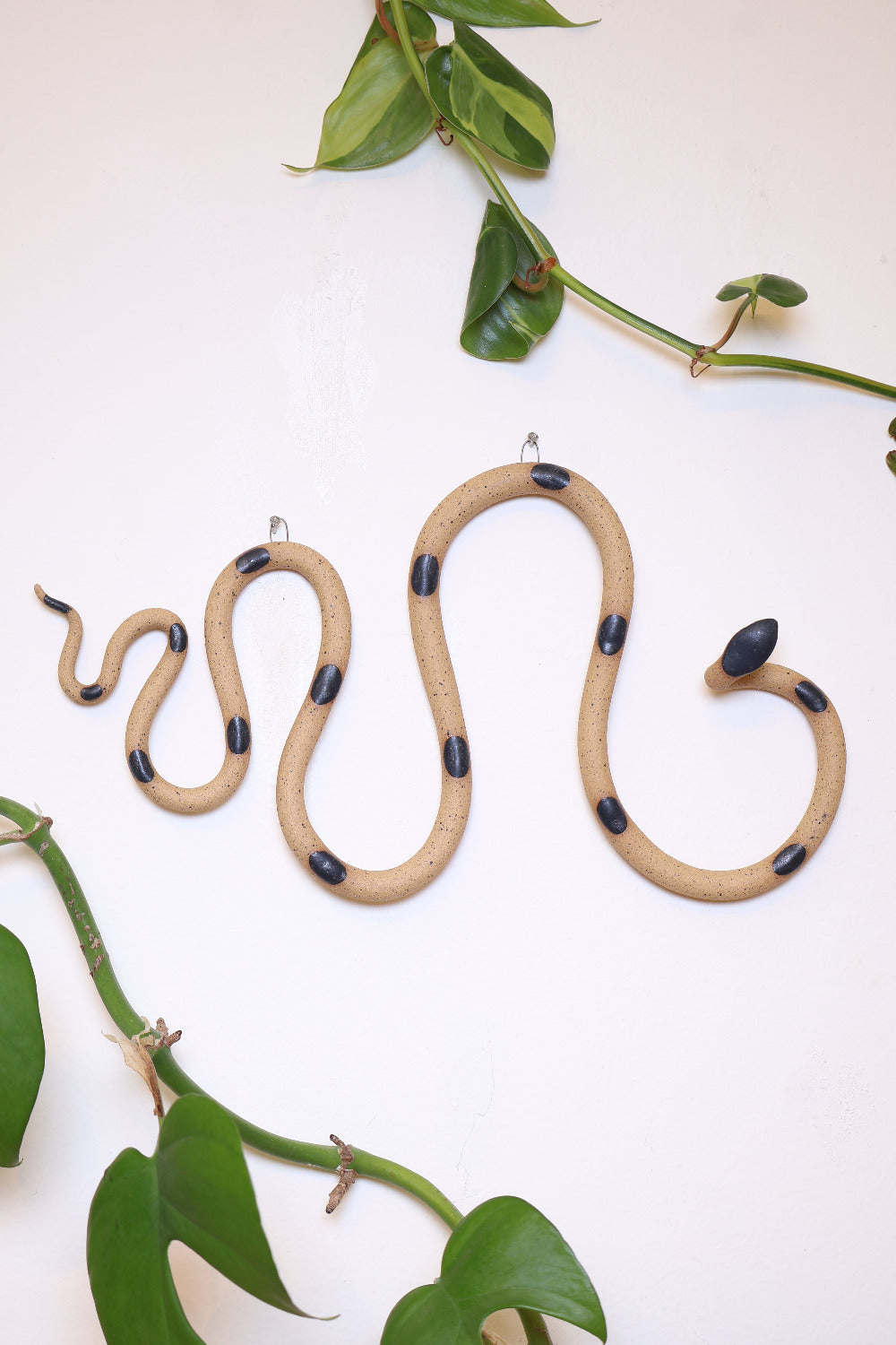 Horizontal wavy ceramic wall snake in the Sammy colorway, speckled tan clay base and black dots. It's hanging on a white wall with two small nails by its two small metal hooks.