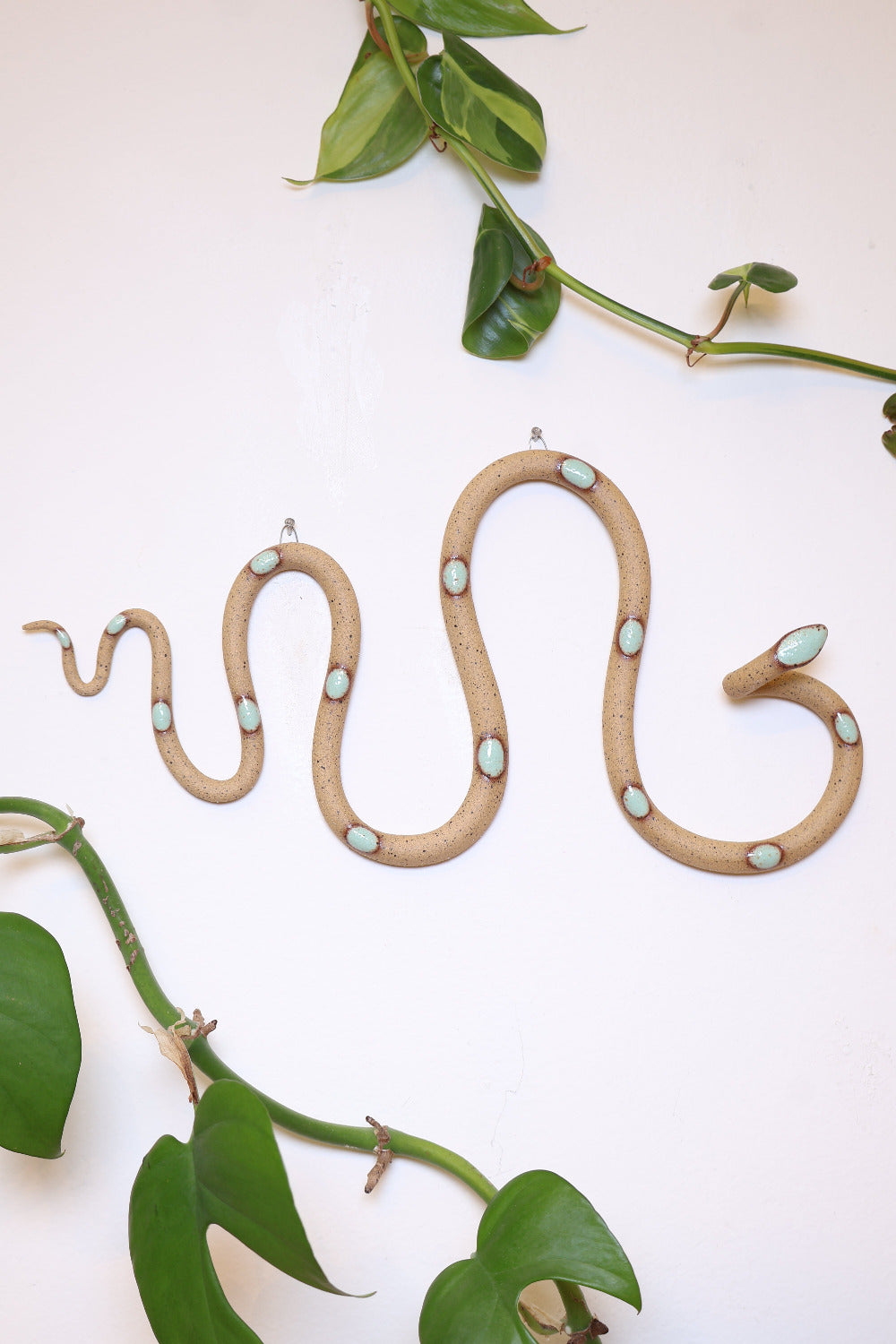 Horizontal wavy ceramic wall snake in the Selma colorway, speckled tan clay base and light turquoise dots. It's hanging on a white wall with two small nails by its two small metal hooks.