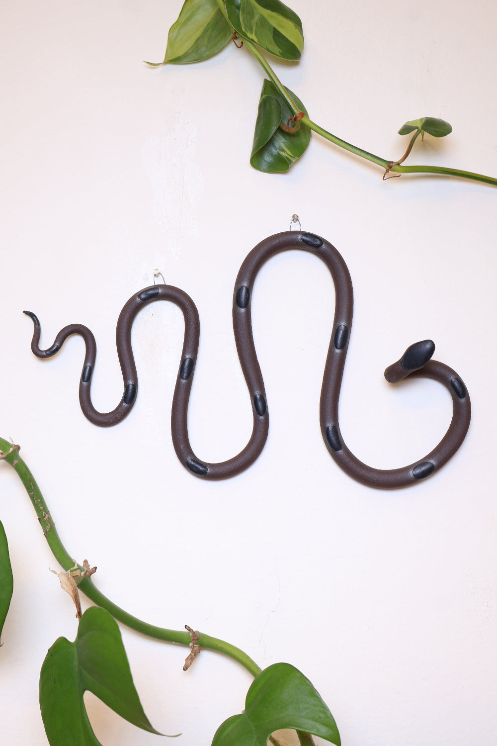 Horizontal wavy ceramic wall snake in the Saul colorway, dark chocolate clay base and black dots. It's hanging on a white wall with two small nails by its two small metal hooks.