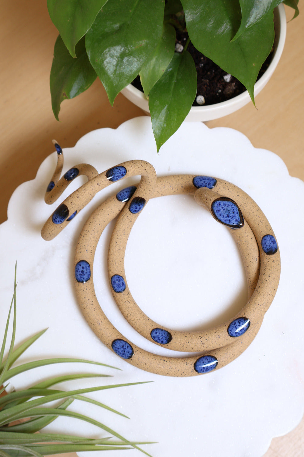 Tan speckled clay snake with deep blue glazed head and dots coiled into a loose circle with an organic curly tail. This colorway is Selena. The snake sits on a white marble plate surrounded by plants.