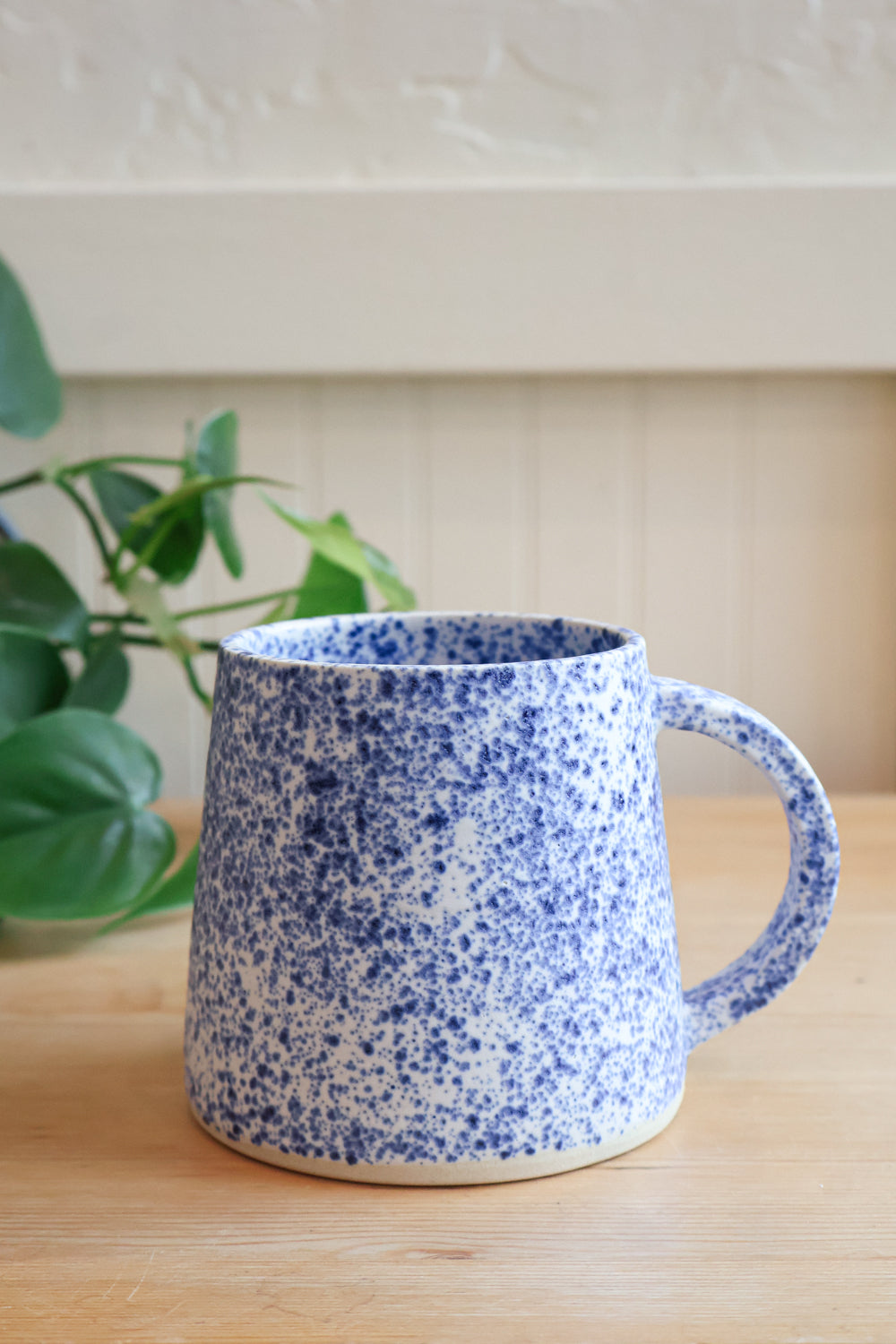 Blue speckled mug on a wooden surface with a plant in the background