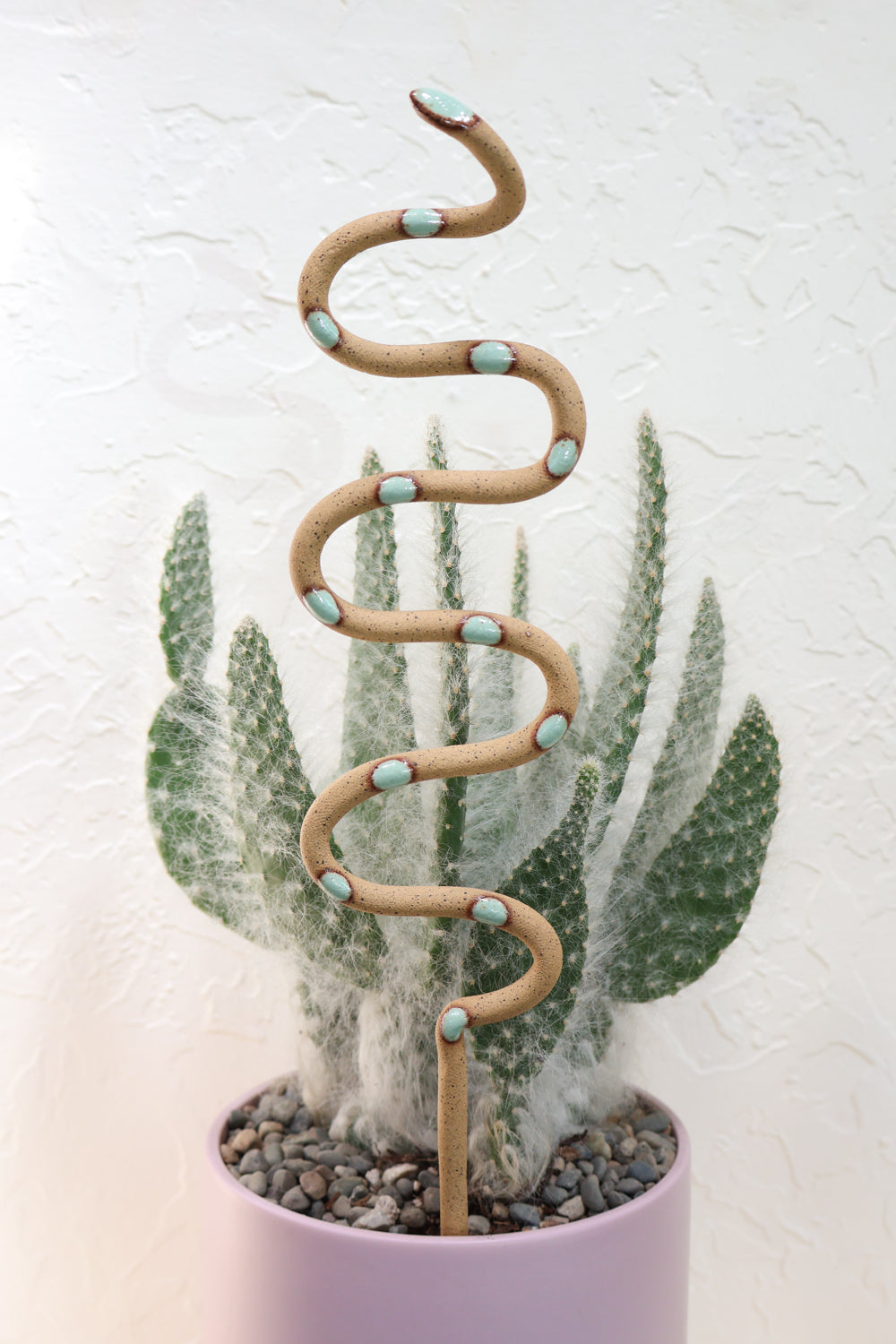 Selma colorway plant stake in a pot with a cactus. This snake is tan with green spots. 