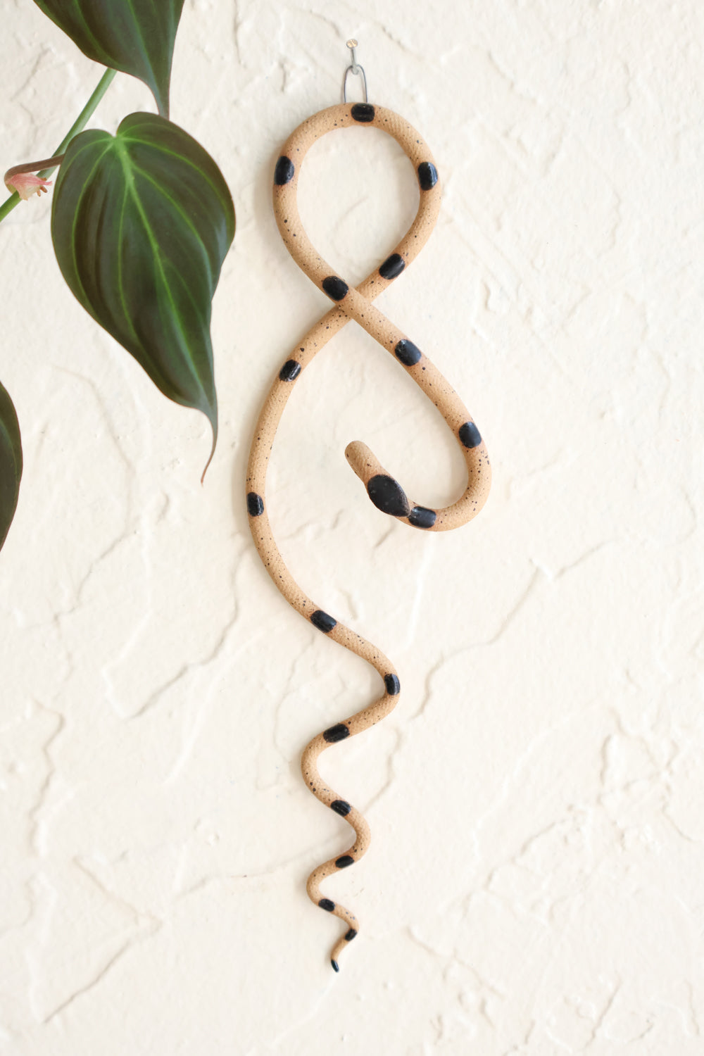 Small clay snake wall sculpture/decor hanging vertically from a metal loop on a white wall. The top of the snake crosses like a figure 8 and the tail hangs down in an organic s curve. This colorway is Sammy, speckled tan clay with black dots.