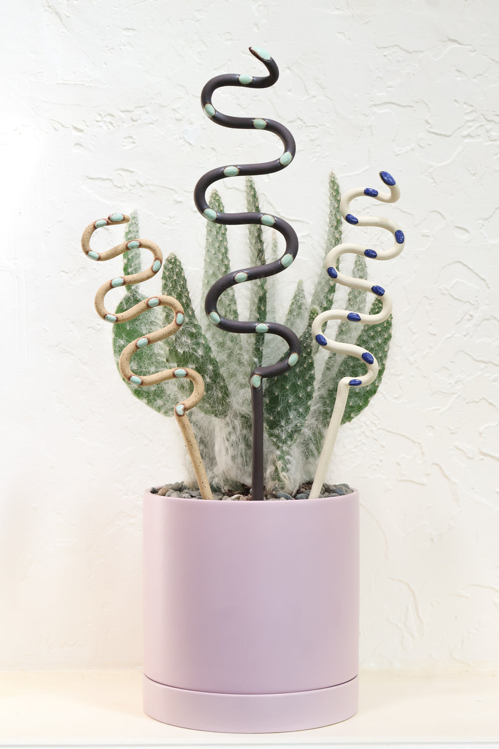 Three snake shaped plant stakes sticking out of a lavender pot with a cactus. There's a large black snake with green dots in the middle, and the medium sized snakes to each side. Tan with green spots snake to the left and a white snake with blue dots to the right. The stakes add a unique touch to any indoor or outdoor plant and also provides support.