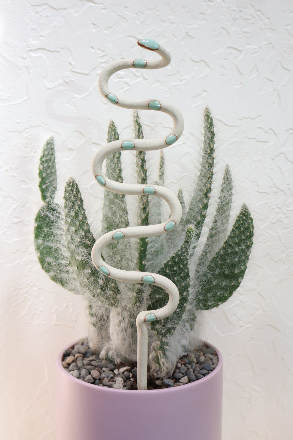 Sylvia colorway plant stake in a pot with a cactus. This snake is ivory with green spots. 